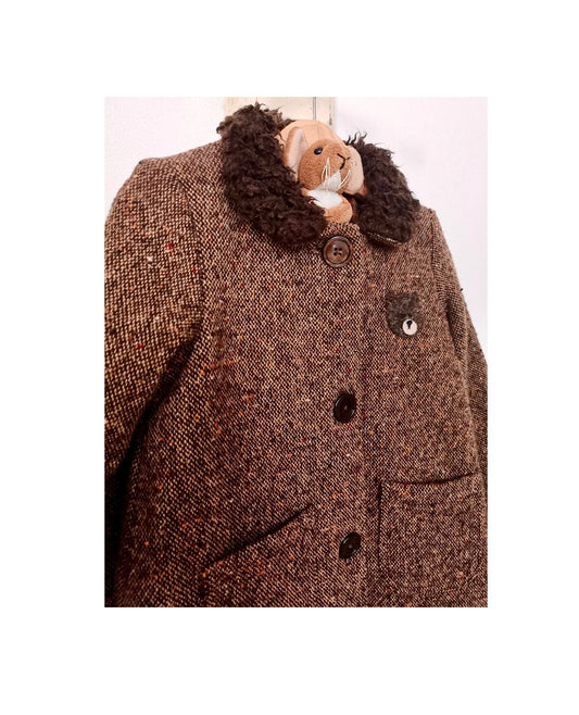 Tweed wool coat for girls with teddy bear - brown coat for girls - retro brown wool coat