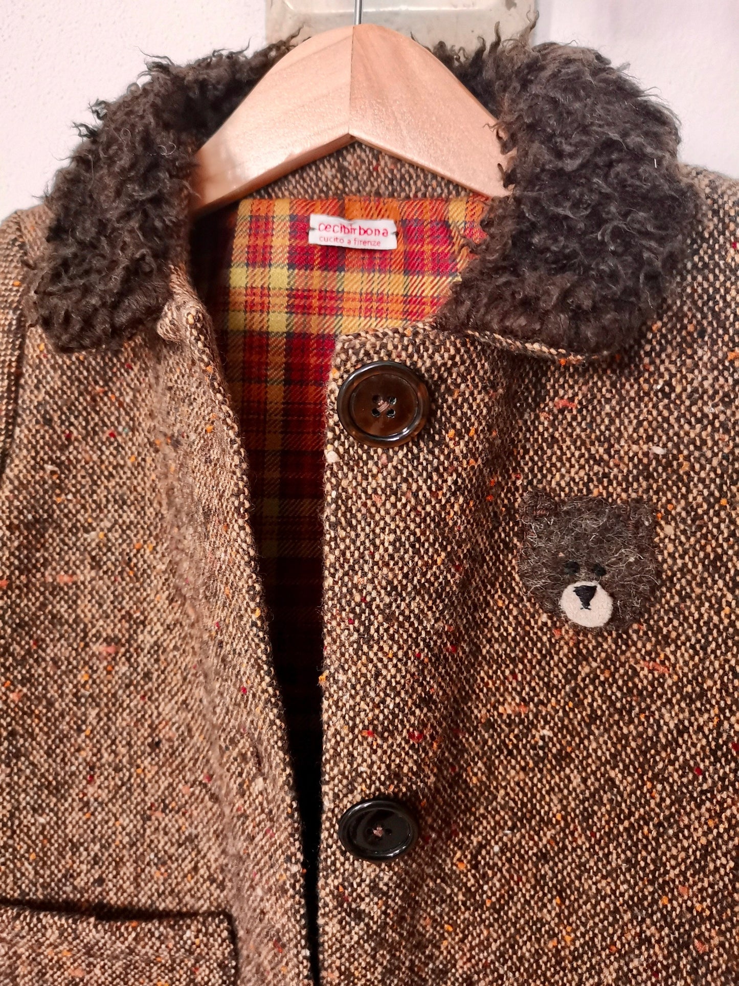 Cappotto in lana tweed per bambina con orsetto - cappottino marrone per bimba - cappotto retrò marrone in lana